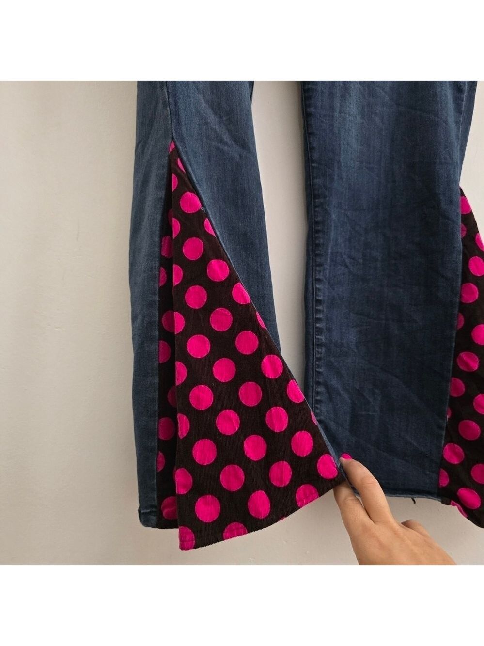 Massini Blue Denim Retro Polka Dot Patchwork Flare Jeans - Picture 10 of 16
